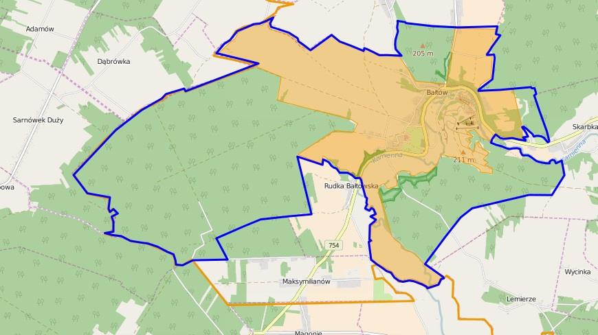 Mapa 14 Sołectwo Bałtów obszar rewitalizacji zaznaczono kolorem (bez lasów na