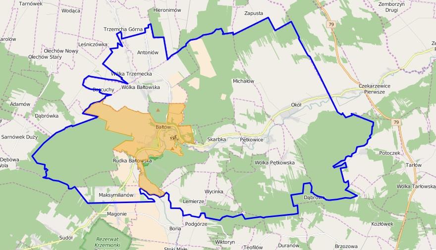 Mapa 15 Obszar rewitalizacji obejmujący sołectwo Bałtów (bez lasów) na tle