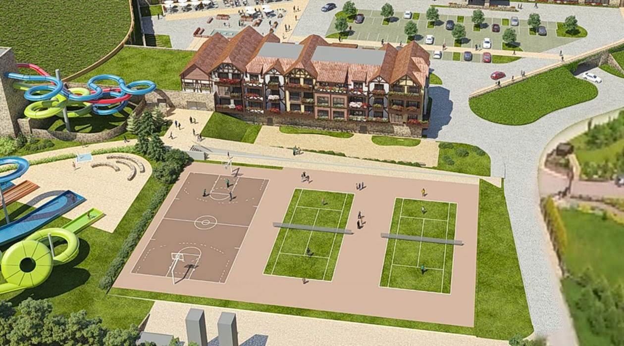 Rysunek 2 Wizualizacja Centrum Kongresowo-Rekreacyjnego Szwajcaria Bałtowska zaprojektowanej jako kamienice uliczki szwajcarskiej Źródło: Stowarzyszenie DELTA
