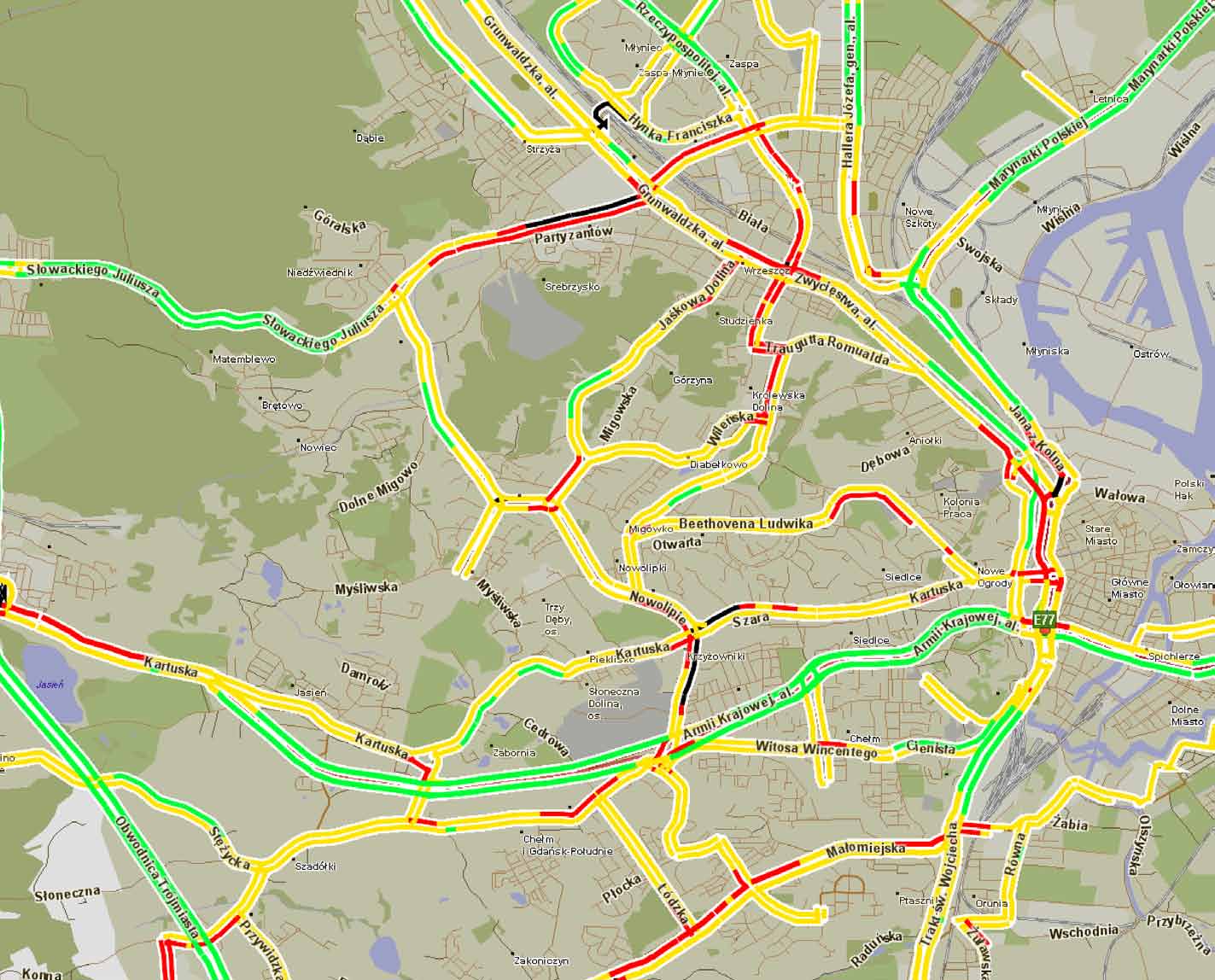 Gdańsk: średnie prędkości przejazdu w szczycie popołudniowym poniżej 10 km/h 10-20 km/h 20-45 k/mh powyżej 45 km/h 2011 Indigo Sp. z o.o. & Aqurat Sp.