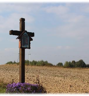 L.P.15 KRZYŻ Z OSZKLONĄ KAPLICZKĄ ROK 1941 DROGA GMINNA GRANICE, NA GRANICY BIESIADEK I A POWIAT BRZESKI ZADOWALAJĄCY DREWNIANA, ZASZKLONA KAPLICZKA Z METALOWYMM WIZERUNKIEM JEZUSA UKRZYŻOWANEGO