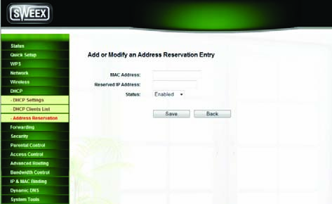 Aby skonfigurować urządzenie ze statycznym adresem DHCP, należy wpisać adres MAC urządzenia w polu MAC Address oraz pożądany adres IP w polu Reserved IP Address, a następnie kliknąć przycisk Save.