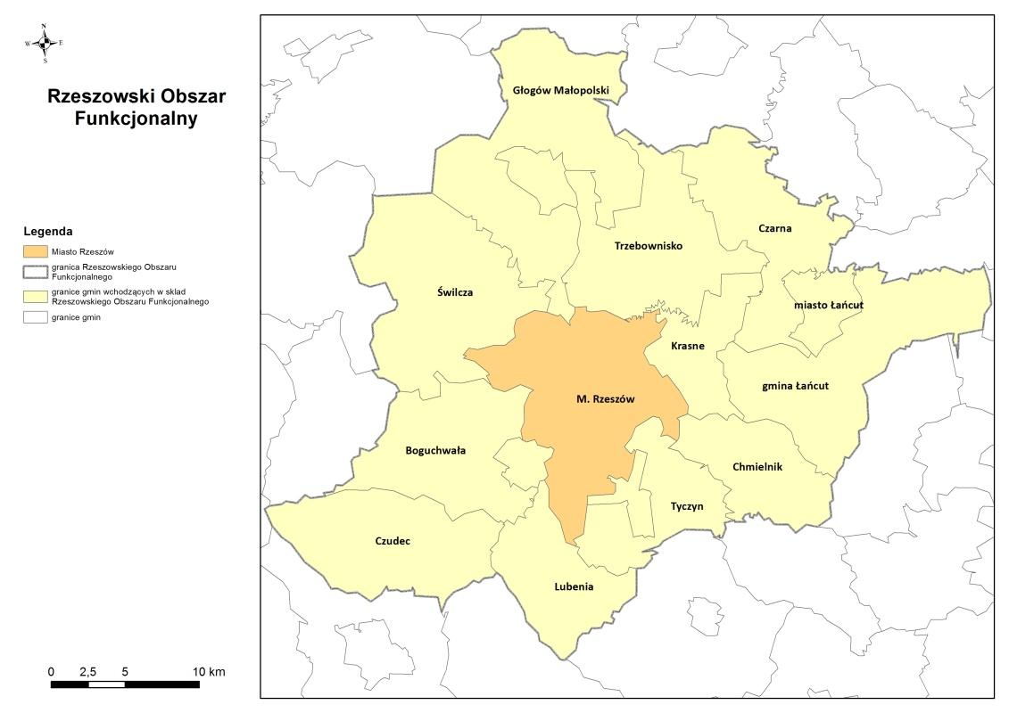 Tyczyn), łańcucki (Gmina Czarna, Gmina i Miasto Łańcut) oraz strzyżowski (Gmina Czudec) i powiat grodzki Rzeszów. Lokalizację Rzeszowskiego Obszaru Funkcjonalnego przedstawiono na rysunku poniżej.