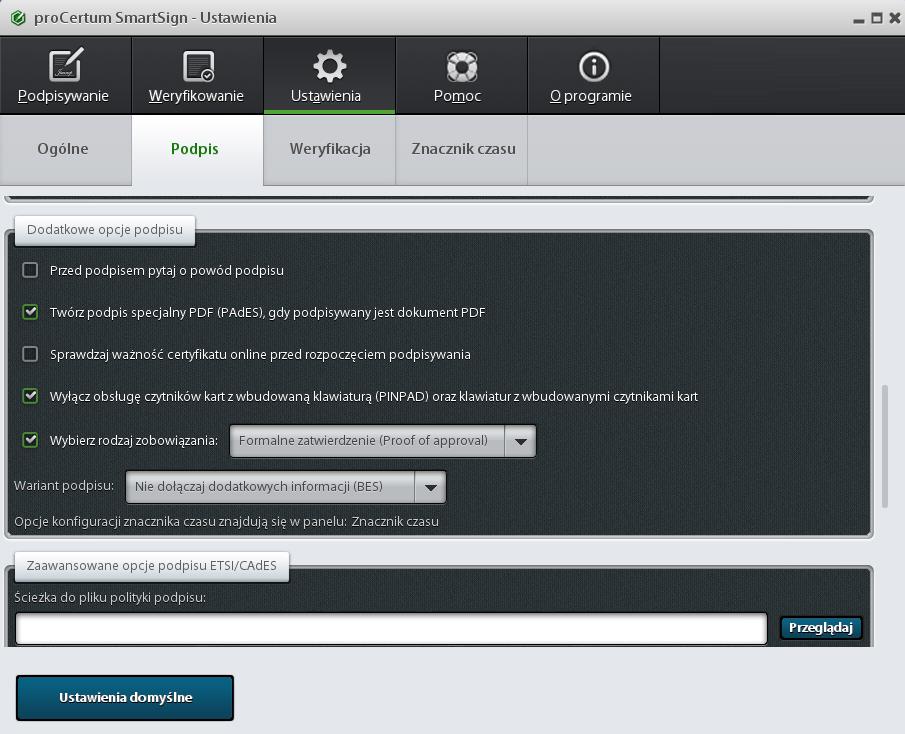 S t r o n a 5 Dodatkowo należy nie dołączać dodatkowych informacji BES. Aplikacja procertum SmartSign po zainstalowaniu automatycznie dodaje znacznik czasu.