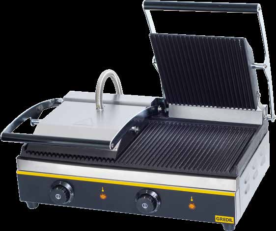 KONTAKT GRILL PODWÓJNY obudowa wykonana ze stali nierdzewnej ryflowane płyty żeliwne dwie strefy grzewcze, góra i dół bezpiecznik zapobiegający przegrzaniu się urządzenia rynienka na tłuszcz i