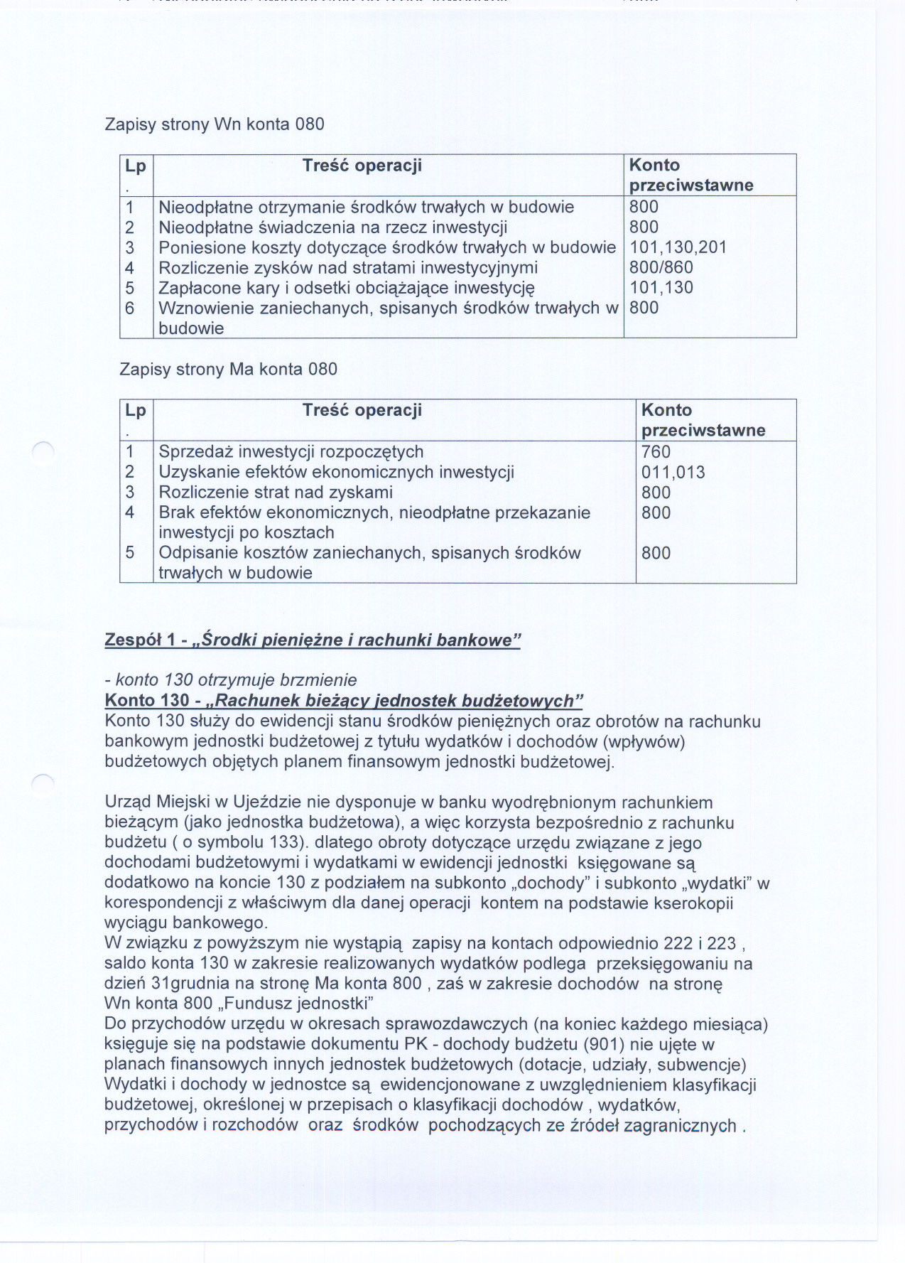 Zapisy strony Wn konta 080 1 Nieodplatne otrzymanie srodków trwalych w budowie 800 2 Nieodplatne swiadczenia na rzecz inwestycji 800 3 Poniesione koszty dotyczace srodków trwalych w budowie