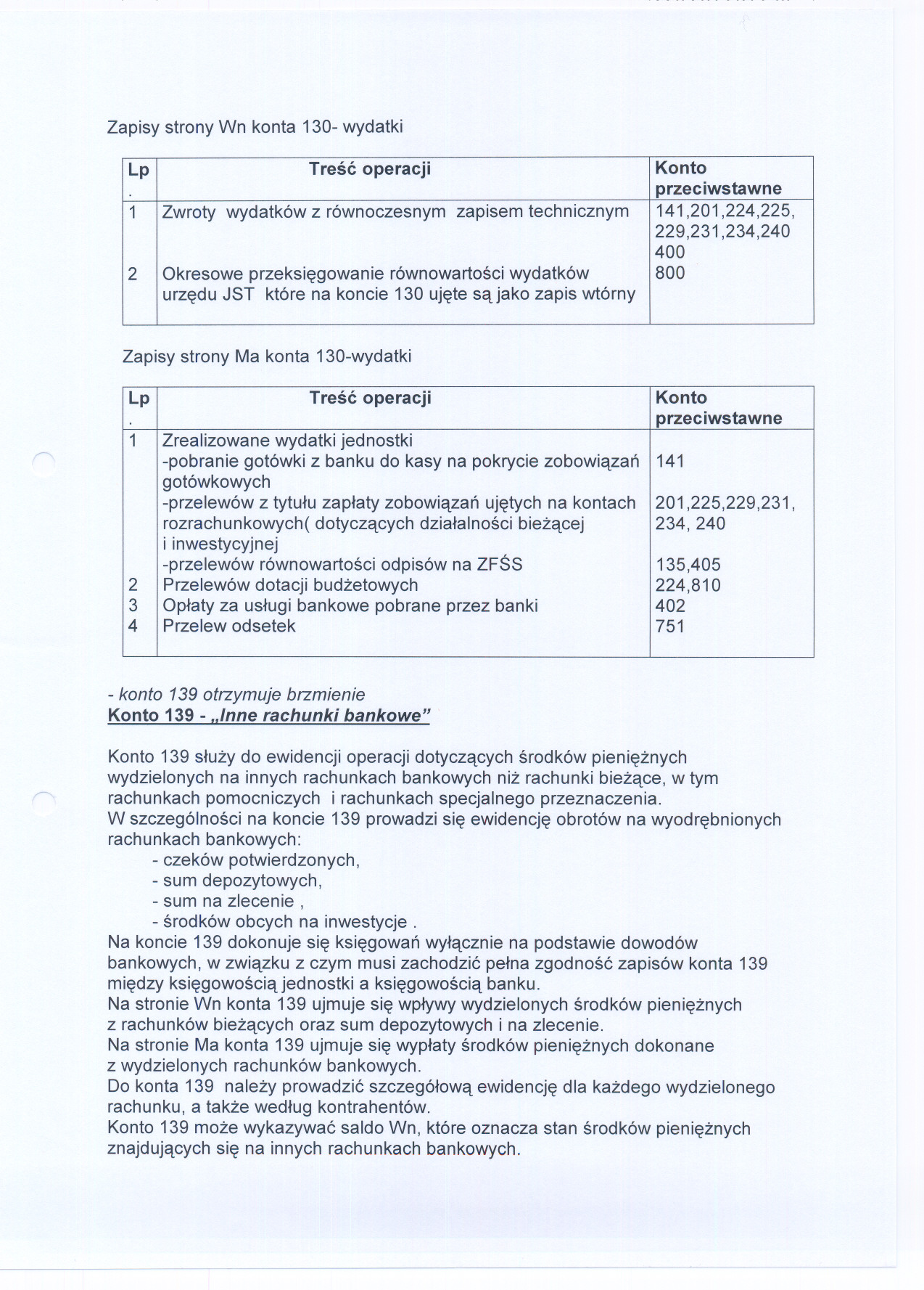 Zapisy strony Wn konta 130- wydatki 1 Zwroty wydatków z równoczesnym zapisem technicznym 141,201,224,225, 229,231,234,240 400 2 Okresowe przeksiegowanie równowartosci wydatków 800 urzedu JST które na