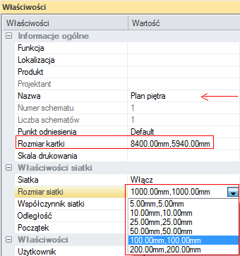 C.1.1. WŁAŚCIWOŚCI RYSUNKU INSTALACJI Okno Właściwości zawiera standardowe właściwości rysunku. Wprowadzić tytuł rysunku w polu Nazwa, np. "Plan piętra". Nazwa zakładki została zmieniona.