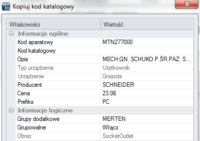 C.4.6. DOBÓR KODÓW KATALOGOWYCH APARATURY Użytkownik może dobierać kody katalogowe z dostępnego katalogu aparatury. Wskazać gniazdko S1.