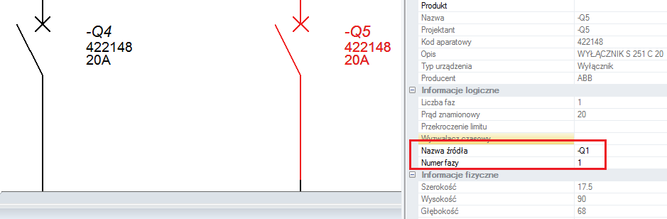 Podręcznik Wskazać wyłącznik Q2. Operacje Kody katalogowe Zmień Zostanie wyświetlone okno Katalog aparatury. Zadeklarować liczbę faz 1, Prąd znamionowy 20, aby przefiltrować katalog aparatury.