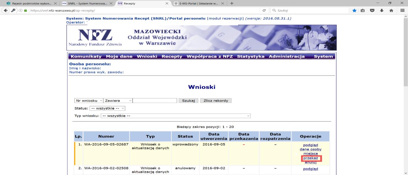 utworzeniu wniosku System wraca do listy wniosków