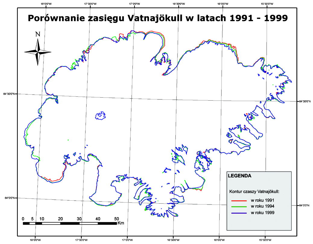 Zmiana zasięgu lodowca Vatnajökull na Islandii w latach 1991 1999 95 pozostałych jęzorów południowych oraz jest szarżujący; składa się z trzech niezależnych strumieni lodowych, oddzielonych od siebie