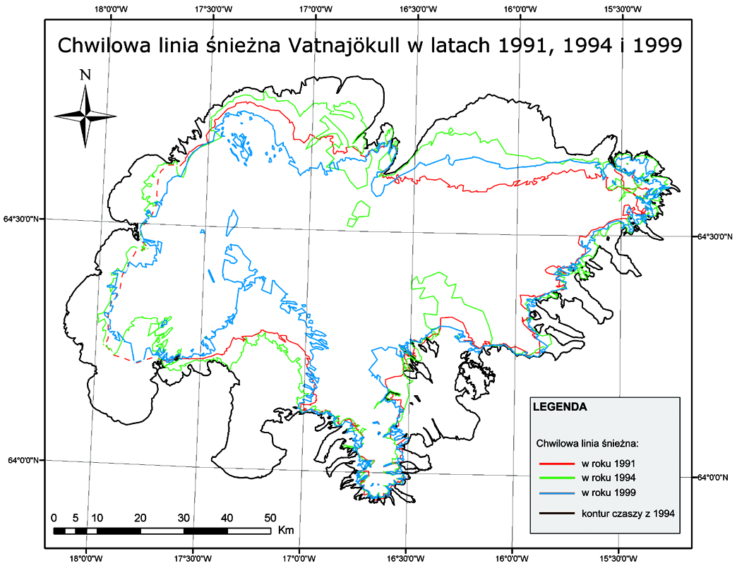 96 przekroczył znacznie zasięg z roku 1991, natomiast w 1999 był już mniejszy; szybsze wznoszenie się linii śnieżnej na większą wysokość (a zatem kurczenie się ograniczanego przez nią obszaru) widać