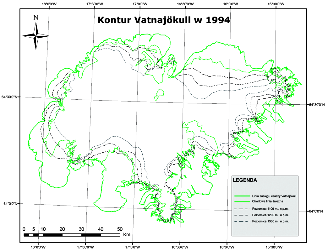 Zmiana zasięgu lodowca Vatnajökull na Islandii w latach 1991 1999 93 chami klimatu części południowe czaszy Vatnajökull znajdują się blisko wybrzeża oceanicznego, co powoduje, że suma opadów jest tam
