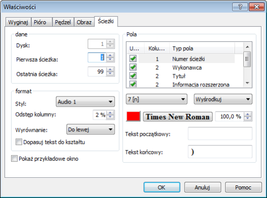 Okno Właściwości i Właściwości tła W polu Format dostępne są następujące opcje konfiguracji: Zakładka Ścieżki/Folder Menu rozwijane Styl Pole tekstowe Odstęp kolumny Menu rozwijane Pole wyboru