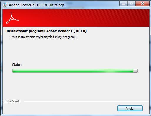 Kolejne okno informuje o postępie procesu instalacji: Na koniec instalator pokazuje komunikat informujący o
