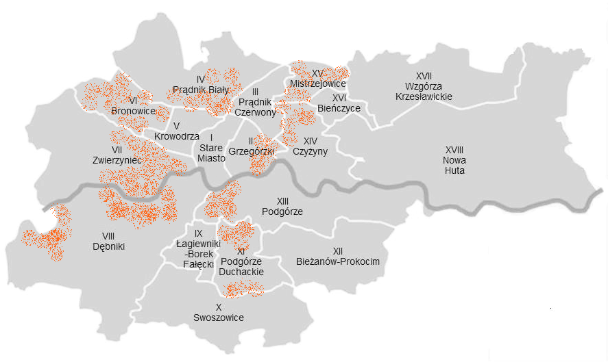 PROPONOWANE REJONY BADAŃ RADONOWYCH (aglomeracja krakowska) indeks ryzyka radonowego RI stężenia radonu w budynkach dzielnica II Grzegórzki - wschodnia część dzielnicy dzielnica III Prądnik Czerwony