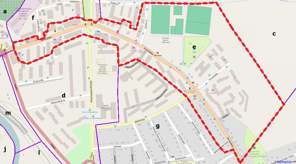 Rysunek 11. Jednostka urbanistyczna e obszar wskazany do rewitalizacji. Źródło: opracowanie własne na podstawie danych dostępnych na licencji Open Database License (OpenStreetMap).