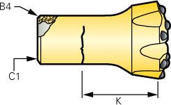 Koronki słupkowe Klasyfikacja uszkodzeń Koronki słupkowe B4 C1 K Brakuje fragmentu korpusu koronki. Uszkodzone gwinty. Miejsce pęknięcia mierzone od końca po stronie koronki.