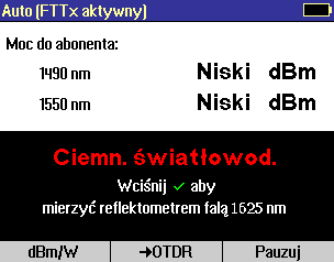 Miernik Mocy FTTx PON (tylko dla modelu CS260-10) W trybie FTTx aktywna, dostępnym wyłącznie w urządzeniach CS260-10, na pierwszej stronie wyświetlana jest odebrana moc FTTx PON przy 1490 i 1550 nm.