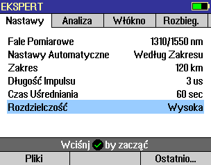 Nastawy pomiarowe: Ogólne tryby pomiarowe reflektometru optycznego Parametr nastaw Fale Pomiarowe Nastawy Automatyczne Ogólny tryb pomiarowy reflektometru Auto Na Żywo Ekspert CS260-10: długość fali