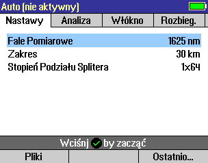 Nastawy pomiarowe: Tryb pomiarowy FTTx PON (wyłącznie CS260-10) Parametr nastaw Fale pomiarowe Tryb pomiarowy FTTx PON (wyłącznie CS260-10) Aktywna Długość fali jest ustawiona na 1625 nm i nie może