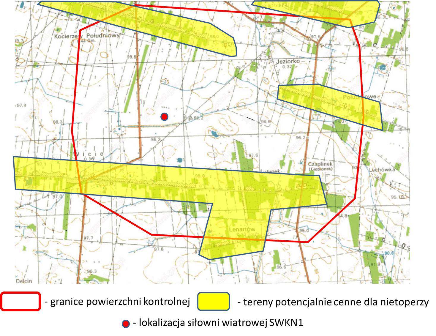Wyniki kontroli miejscowości i terenów cennych Ryc. 6 Terenu objęte kontrola miejsc rozrodu nietoperzy (podkład kartograficzny dostarczony przez inwestora).