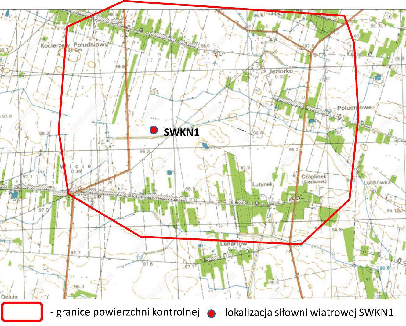 Ryc. 8. Lokalizacja siłowni wiatrowej (podkład kartograficzny dostarczony przez inwestora).