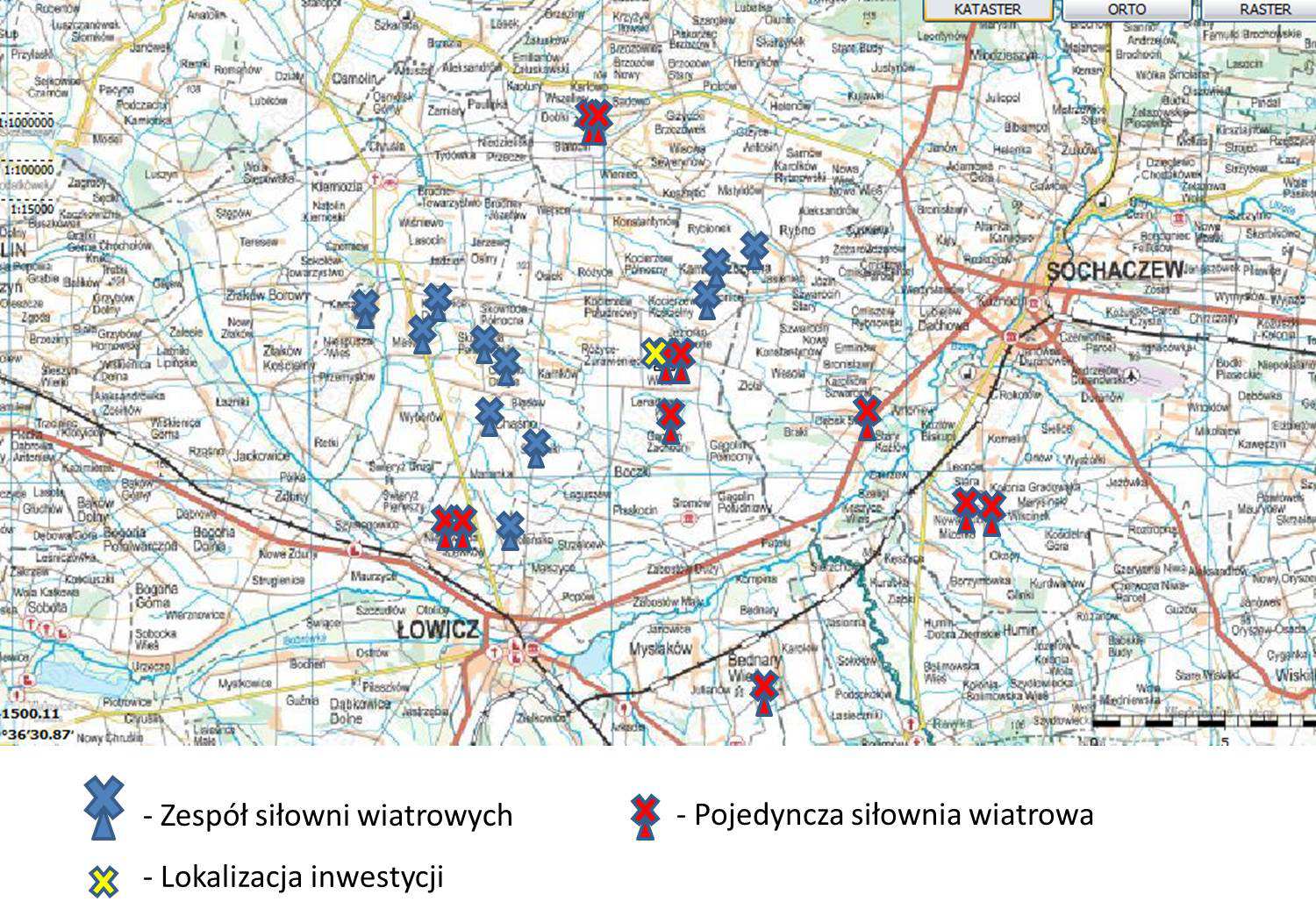 8. Chąśno 40 76,7 MW 5,5 km 9. Sochaczew 0 -- ---- Ryc. 12. Graficzne przedstawienie lokalizacji inwestycji wiatrowych w sąsiedztwie planowanej turbiny.