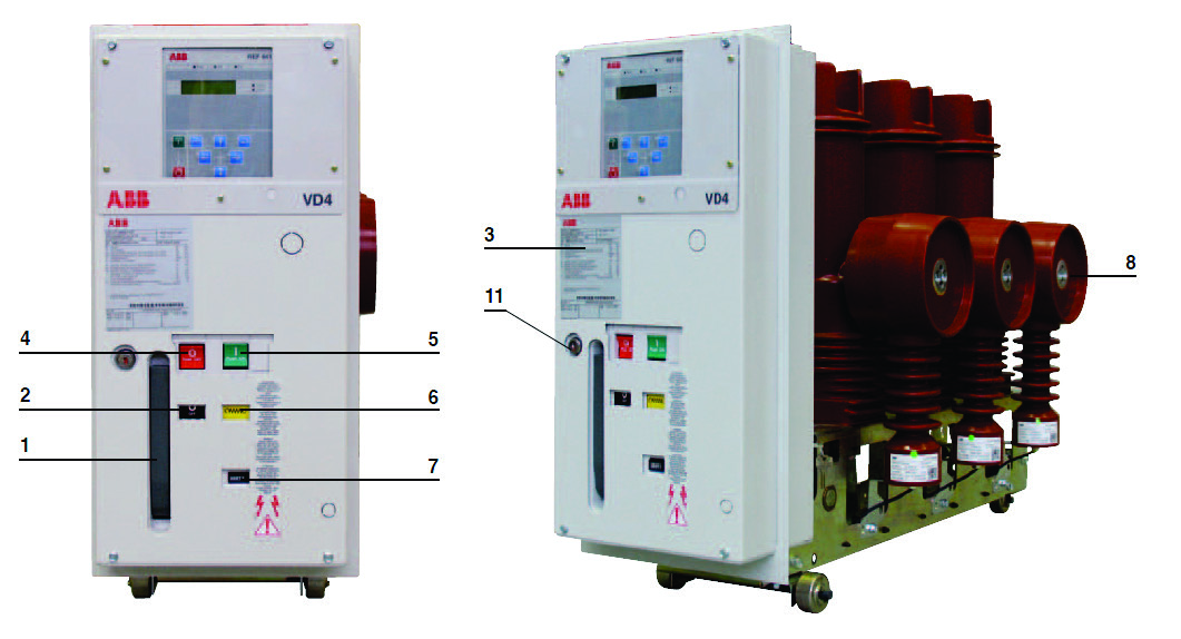Pole wyłącznikowe rozdzielnicy typu AIR24 Wyłącznik próżniowy VD4/R 1 Dźwignia ręcznego uzbrojenia 2 Wskaźnik stanu wyłącznika (zamknięty / otwarty) 3 Tabliczka znamionowa 4 Przycisk otwierający