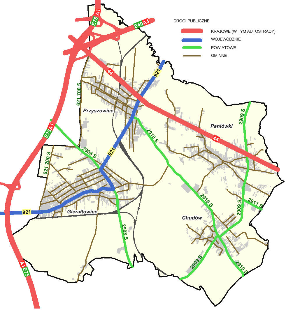 Część A: Uwarunkowania zagospodarowania przestrzennego X. Transport Rys. A14. Układ dróg publicznych na obszarze gminy Gierałtowice źródło: Opracowanie własne BRR Sp.
