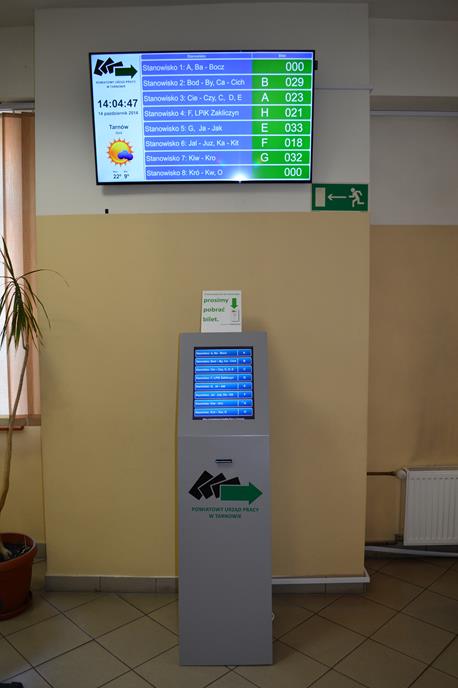 System kolejkowy i przywoławczy Powiatowy Urząd Pracy w Tarnowie w celu usprawnienia obsługi osób bezrobotnych i poszukujących pracy wykorzystuje system kolejkowy i przywoławczy.