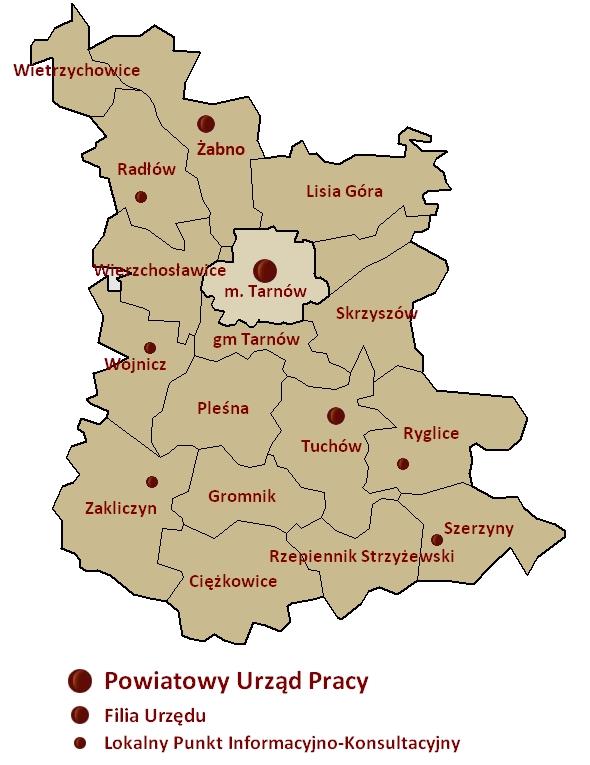 Żabno, oraz 9 gmin wiejskich Gromnik, Lisia Góra, Pleśna, Rzepiennik Strzyżewski, Skrzyszów, Szerzyny, Tarnów, Wierzchosławice, Wietrzychowice. Miasto Tarnów obejmuje powierzchnię 72 km 2.