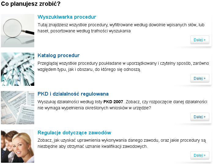 Udzielanie informacji o procedurach dla poszczególnych rodzajów