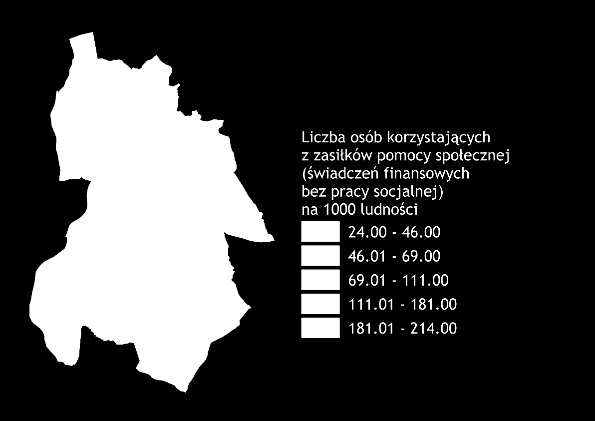 Mapa 5. Liczba osób korzystających z zasiłków pomocy społecznej (świadczeń finansowych bez pracy socjalnej) na 1000 ludności stan na 31.12.