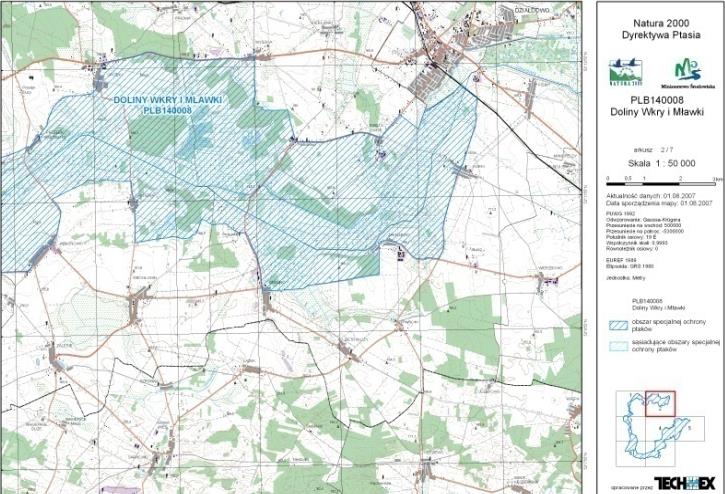 1.8. OBSZAR NATURA 2000 D OLINY WKRY I MŁAWKI 12 Obszar Natura 2000 PLB140008 Doliny Wkry i Mławki posiada obszar 28 751.5 ha.