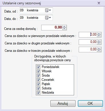 OBLICZANIE OD OSOBY całoroczna cena od osoby dorosłej całoroczne ceny od dzieci w trzech różnych przedziałach wiekowych sezonowe ceny od osób dorosłych i dzieci w trzech różnych przedziałach