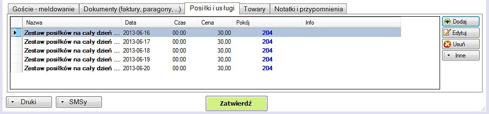 5. Zakładki goście meldowanie (lista zameldowanych gości) - menu kontekstowe (po kliknięciu prawym klawiszem myszy na wybranej pozycji): melduj, melduj rezerwującego, wymelduj wszystkich, edytuj dane