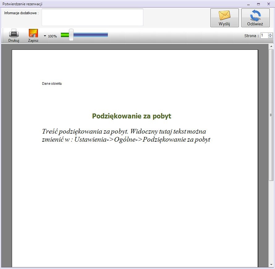 Podziękowanie za pobyt Na wygenerowanym podglądzie druku można (zmiany są widoczne