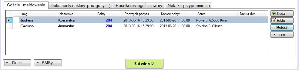 MELDOWANIE GOŚCI Z POZIOMU EDYCJI REZERWACJI/POBYTU (ZALECANE MELDUNEK JEST POWIĄZANY Z REZERWACJĄ) W oknie edycji rezerwacji/pobytu wybieramy zakładkę Goście meldowanie (w dolnej części okna).