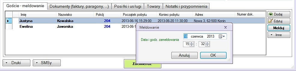 Edytuj pozwala na edycję danych klienta Melduj przy pomocy tego przycisku meldujemy lub wymeldowujemy osobę.