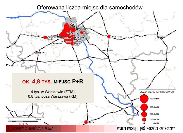 Mimo istotnego wzrostu ilości parkingów przesiadkowych, system rozwija się głównie w obszarze Warszawy, co pokazuje mapa zamieszczona poniżej. Rysunek 69.