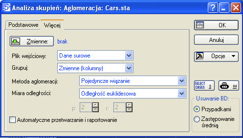 7 Rys. 7. Opcje metod aglomeracji. W zależności od potrzeb grupowania można dokonywać na podstawie Przypadków (wierszy) lub Zmiennych (kolumny). Domyślnie jako opcja grupowania wybrane są Zmienne.