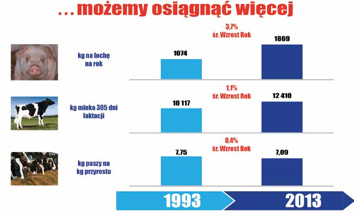 Postęp w użytkowaniu zwierząt hodowlanych* Gatunek cecha Użytkowość Trzoda Brojlery Nioski Liczba prosiąt odchowanych/lochę/rok Mięsność % Współczynnik wykorzystania paszy Kg mięsa/ tonę paszy Dni do