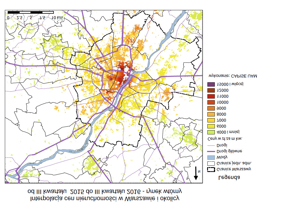 Mapa 2. Interpolacja cen transakcyjnych nieruchomości w Warszawie i okolicy na rynku wtórnym w okresie 2015 2016 r.