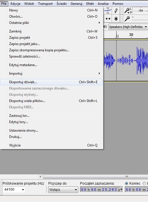 Gdy nasze nagranie będzie już gotowe należy je zapisać w formacie.mp3. Jeśli zamierzamy pracować dłużej warto zapisać nasz projekt w formacie.