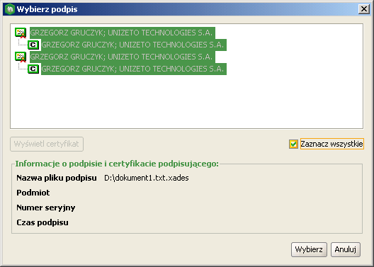 Rysunek 41: Okno wyboru podpisu, gdy wybrano wszystkie podpisy do kontrasygnowania Gdy podpis zostanie wykonany można