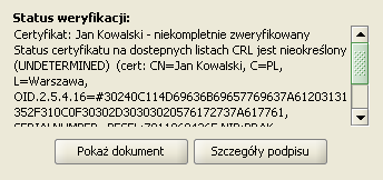 Jeżeli status jest określony jako negatywny to element na liście jest oznaczony kolorem czerwonym, a w sekcji Informacje o podpisie w polu Status weryfikacji widnieje wpis Certyfikat: Jan Kowalski