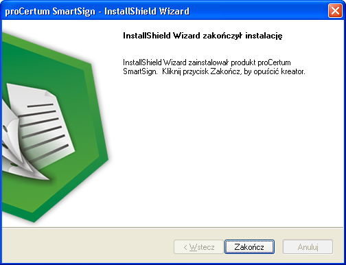Rysunek 7: Zakończenie procesu instalacji Naciśnięcie przycisku Zakończ zamyka kreatora instalacji aplikacji procertum SmartSign.