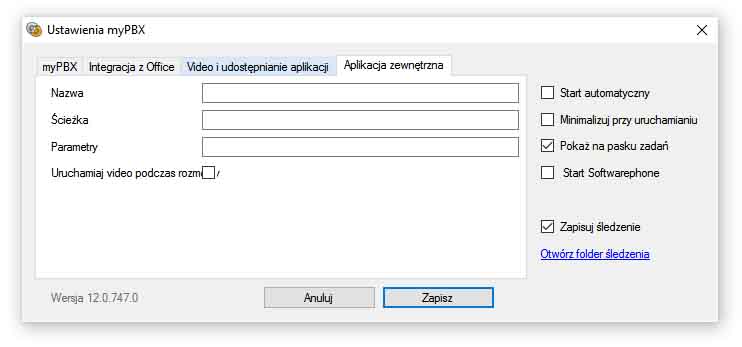 Pokaż na pasku zadań: Tutaj można wybrać opcję, czy mypbx ma pojawiać się na pasku zadań jako ikona systemowa w obszarze informacyjnym.